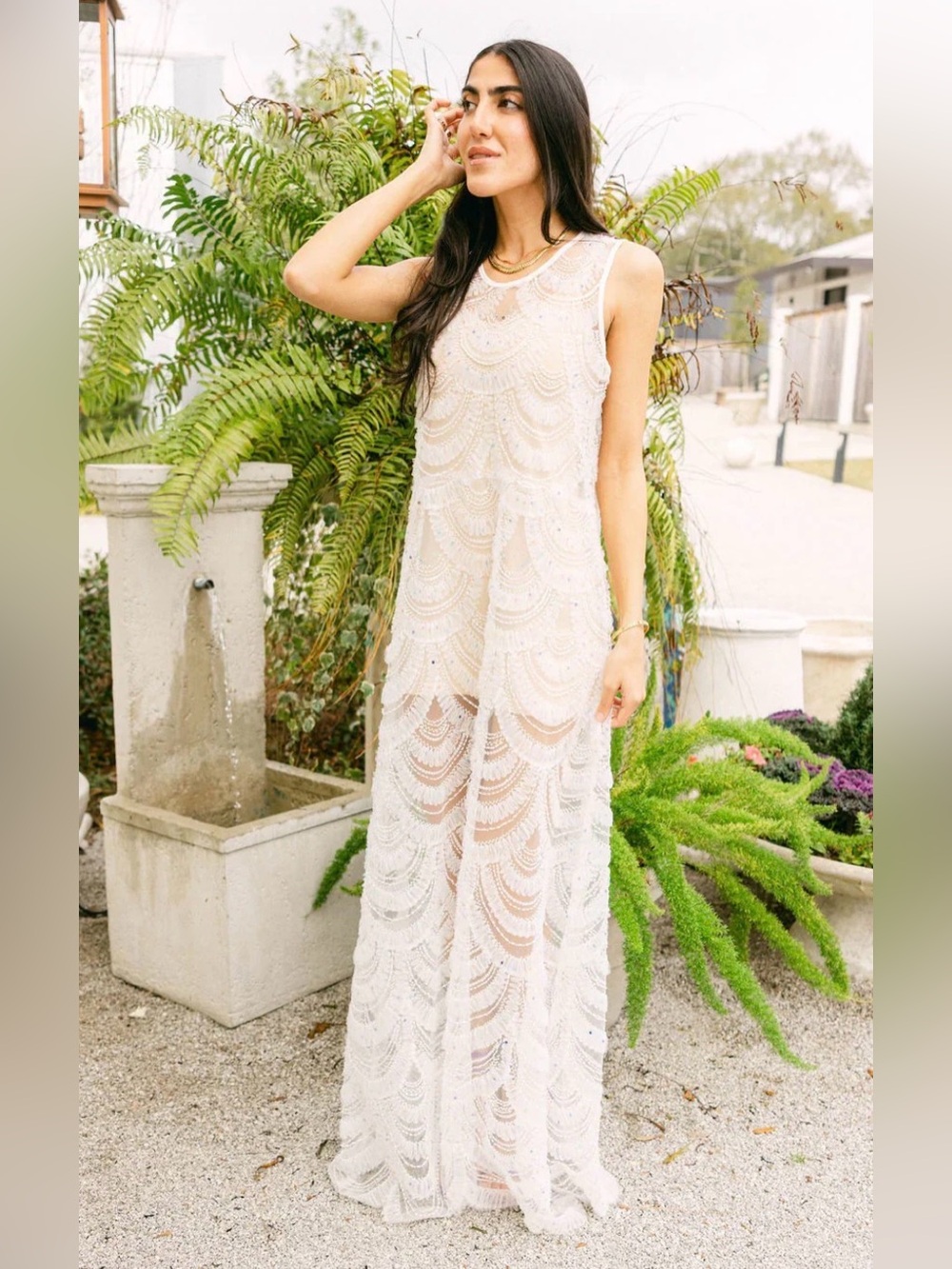 New! QUEEN OF SPARKLES White Lace & Sequin Sheer Scalloped Maxi Dress